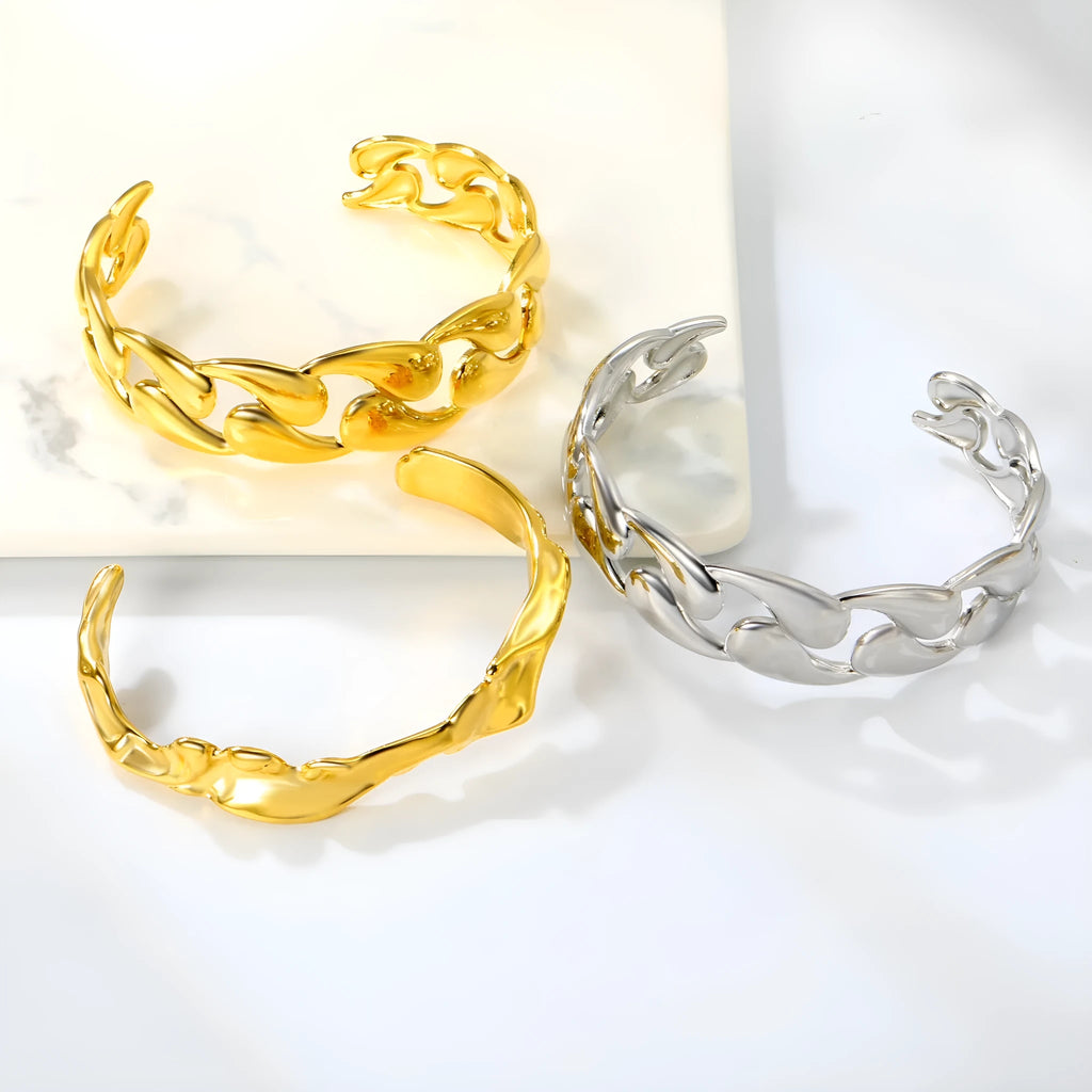 Minimalist stainless steel alloy bracelet in silver, gold, and rose gold colour options on a wrist.