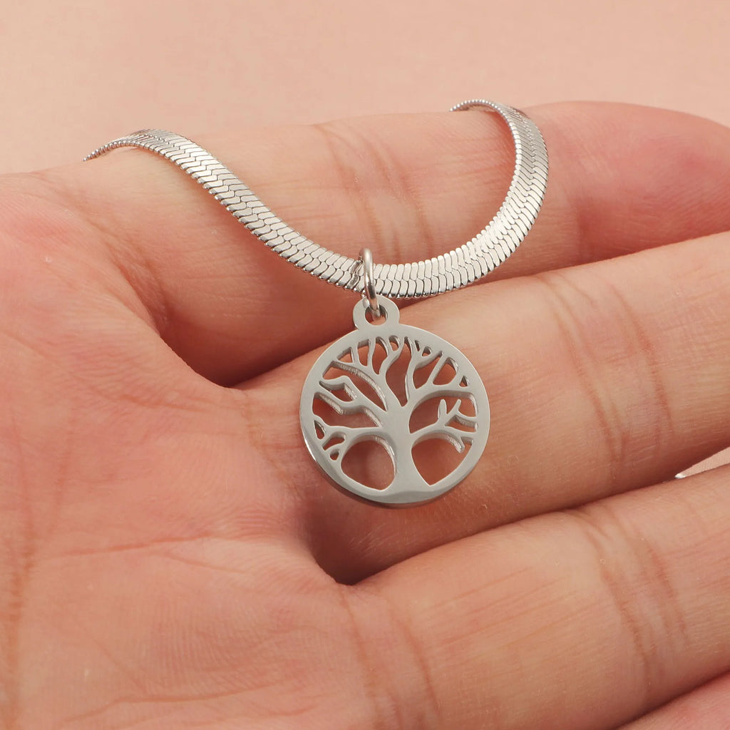 Stainless steel lucky tree necklace with U-shaped pendant on an adjustable snake bone chain.