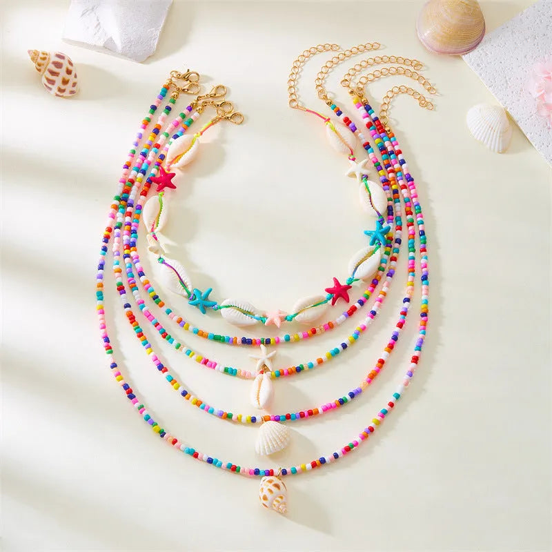 Women's multi-layer starfish shell bead necklace set with adjustable chain
