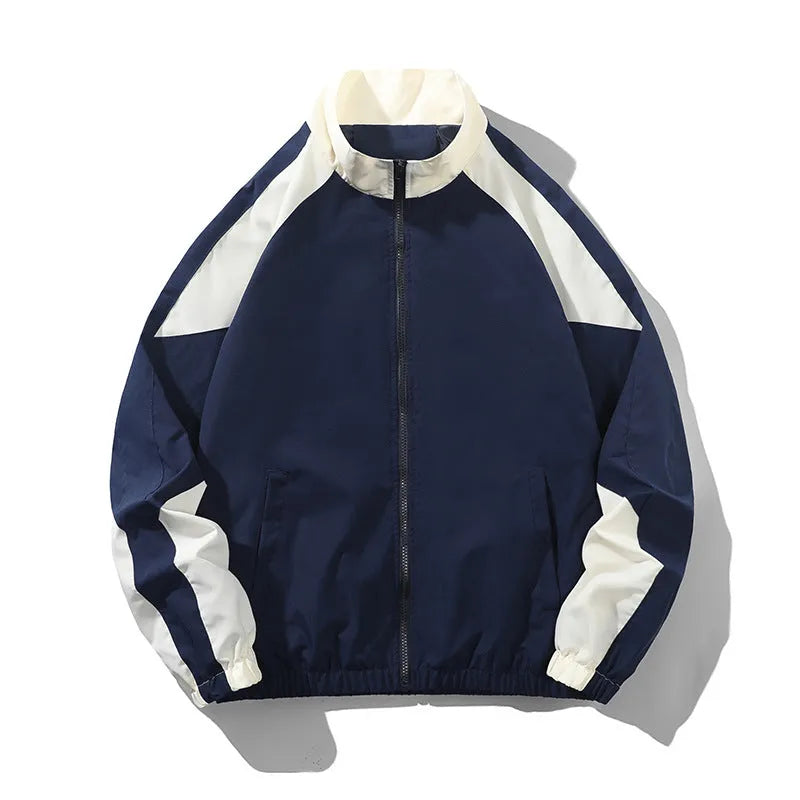 Men's black contrast stitch casual jacket with side seam pockets showing loose fit design
