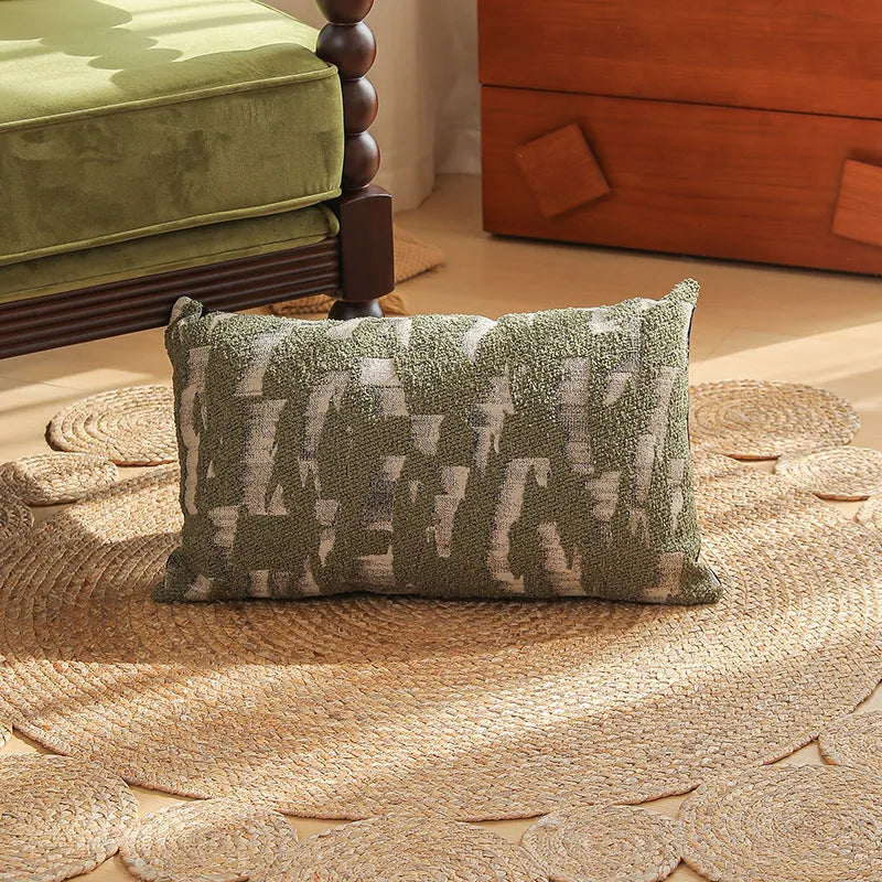 Jacquard floral pattern cushion cover in a retro colour, 45cm square, on a sofa.