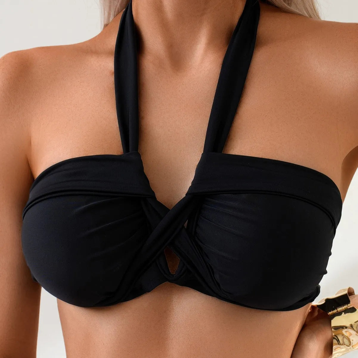 Black solid colour swimsuit briefs with backless European and American style design