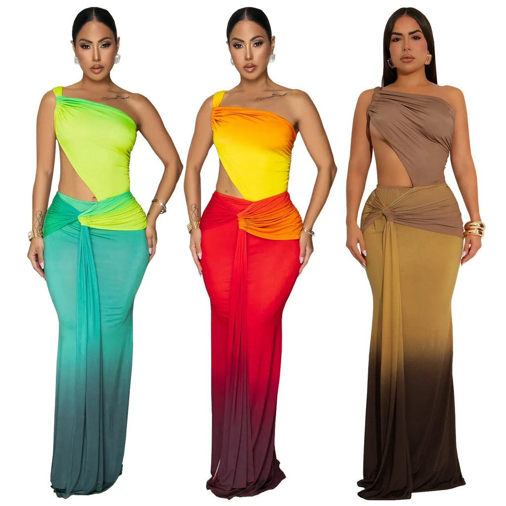 A green gradient oblique shoulder dress with a high waist and long one-step skirt.