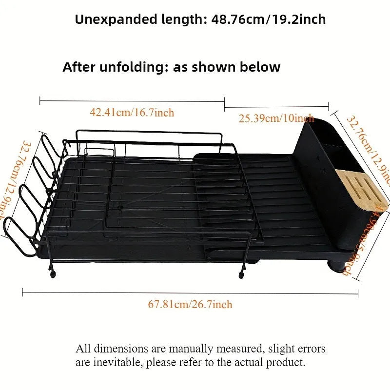 Retractable foldable kitchen dish rack with a detachable cutlery cup, made from carbon steel.
