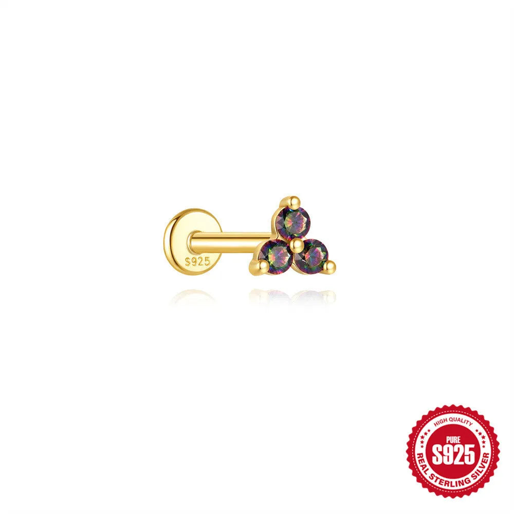 S925 sterling silver piercing earrings with super shiny rainbow stone and flat head thread in gold colour