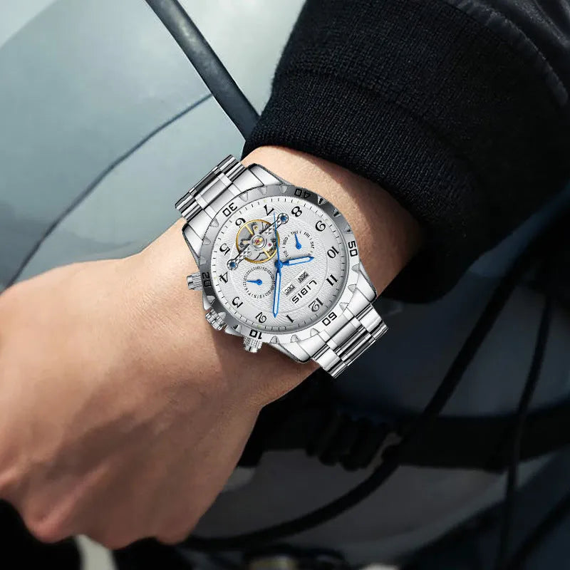 Silver automatic perpetual calendar mechanical watch with stainless steel strap and sapphire crystal glass
