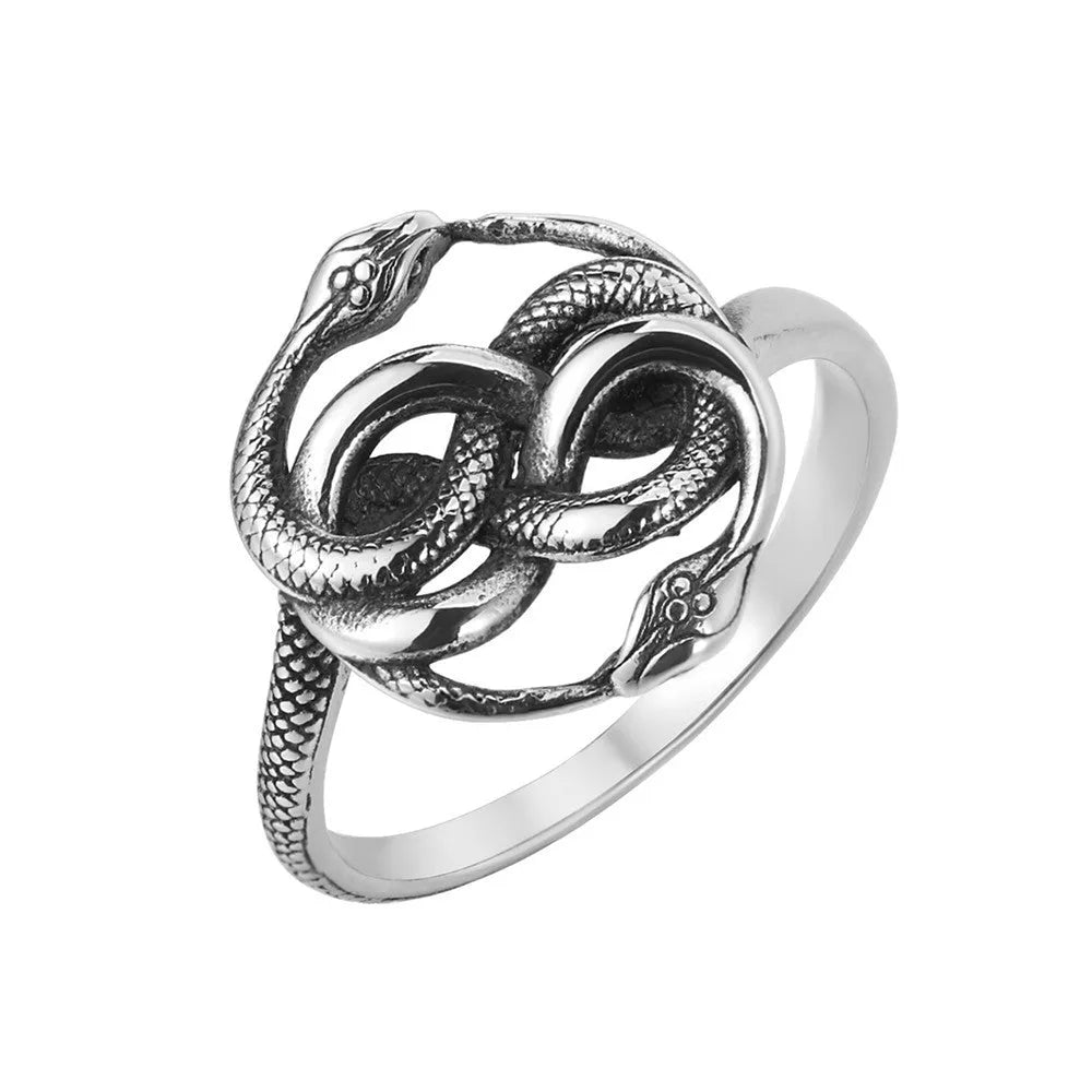 Steel-coloured titanium steel ring with an entwined double snake retro design.