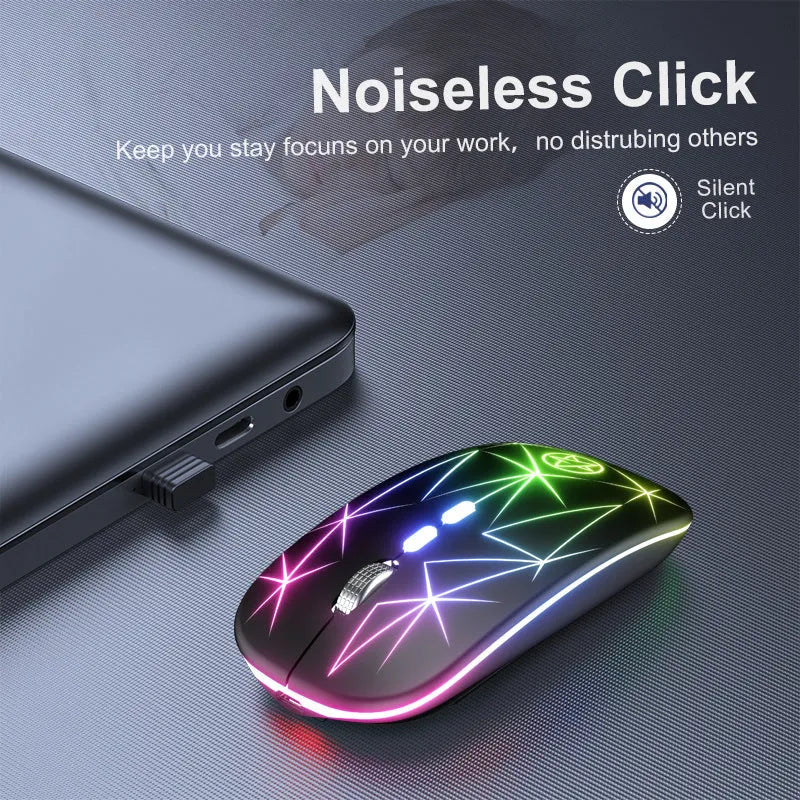 Wireless Bluetooth gaming mouse showing dual-mode connectivity options and metal roller construction