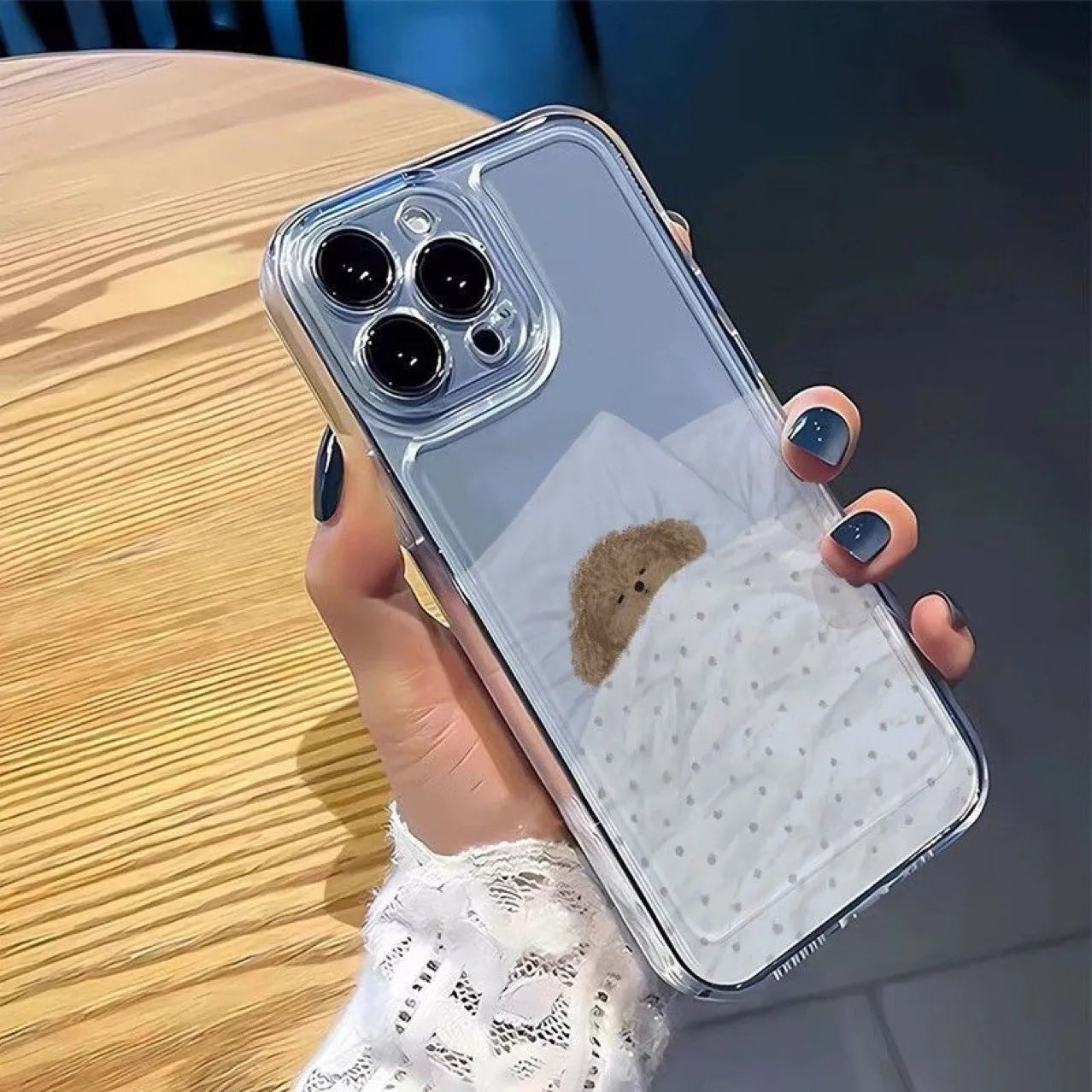 Transparent TPU phone case with sleeping cat pattern for Apple iPhone showing shockproof protective design