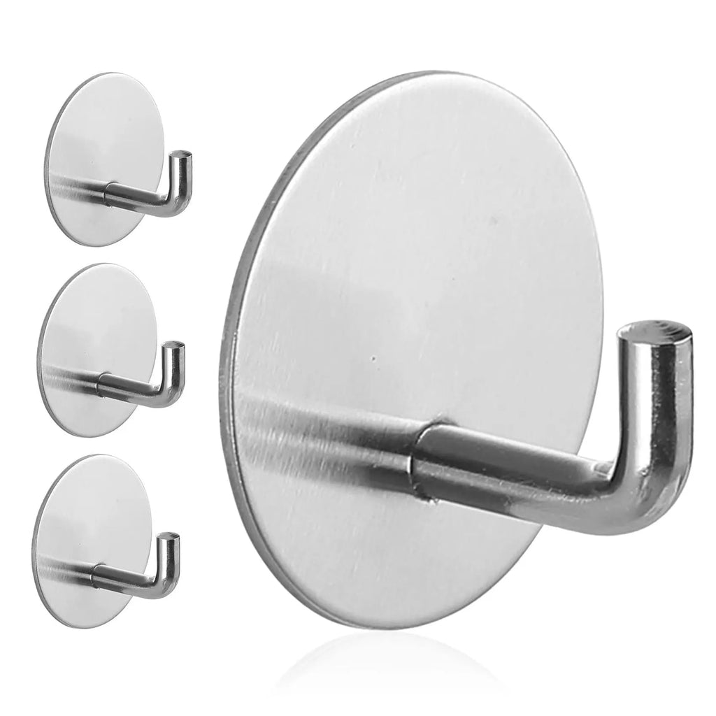 Stainless steel self-adhesive wall hook in black and polished finishes for bathroom or kitchen.