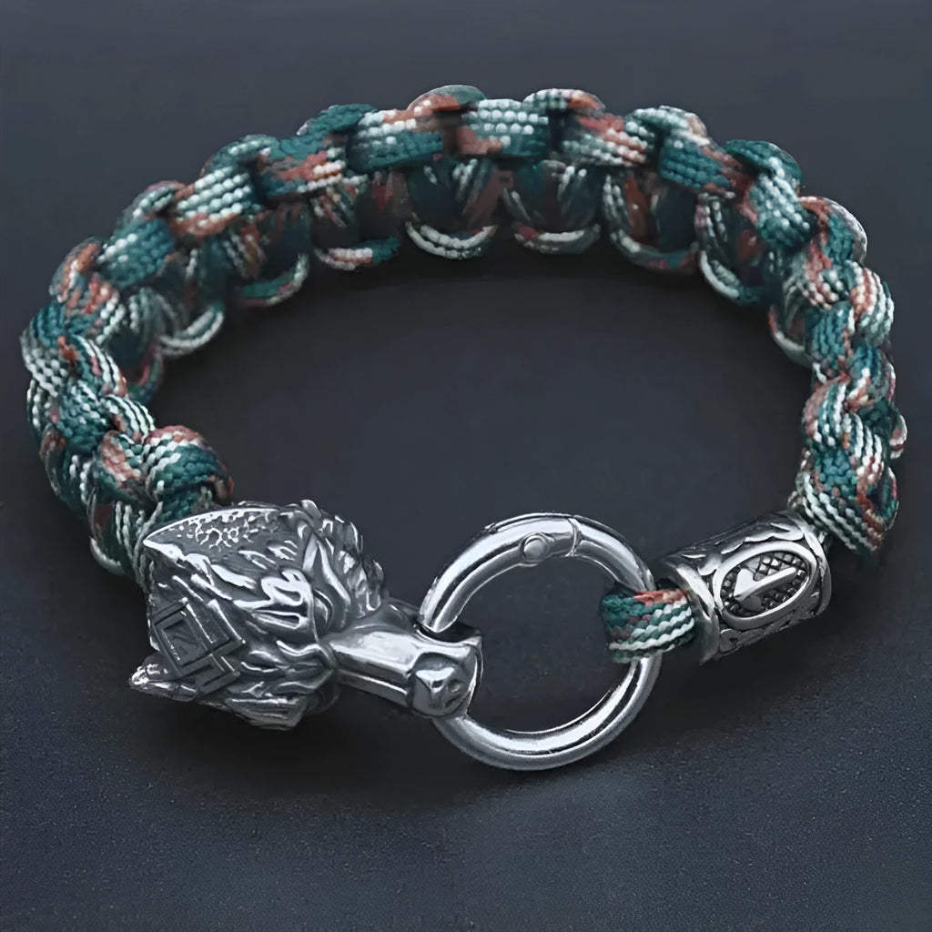 Handmade titanium steel wolf head bracelet in camouflage colour showing polished finish and detailed animal design.