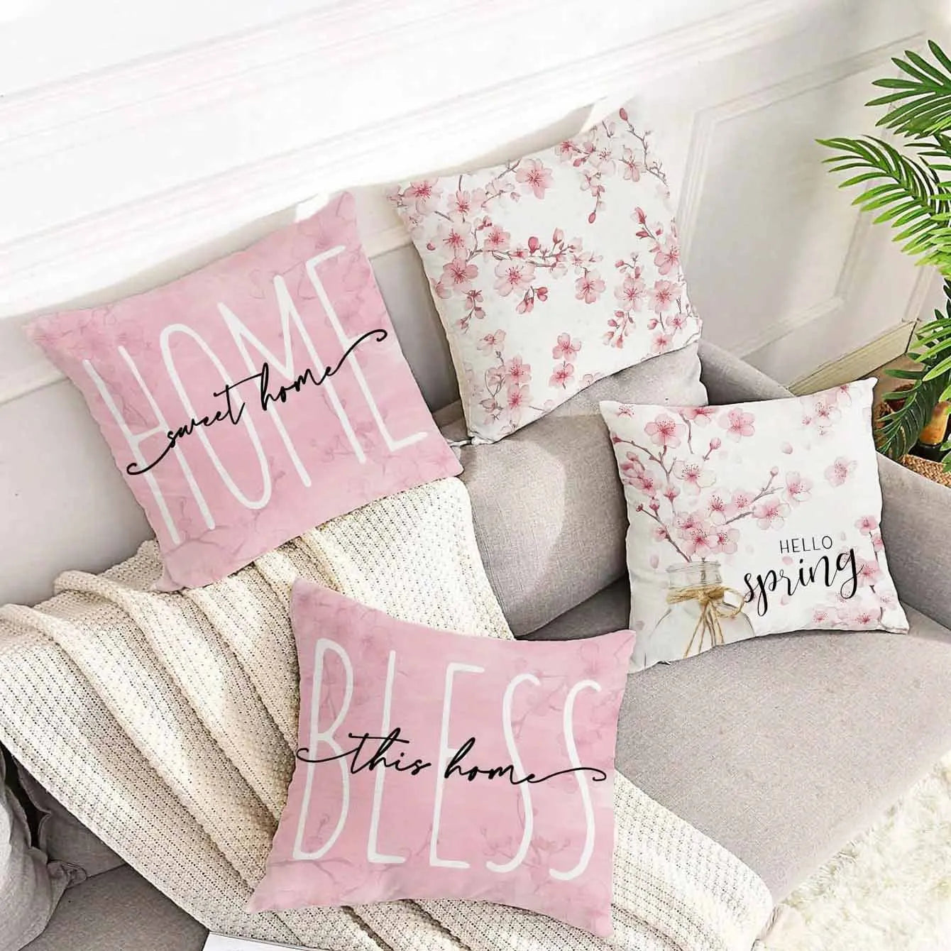 Square short velvet cushion cover with spring cherry blossom pattern, 45cm size.