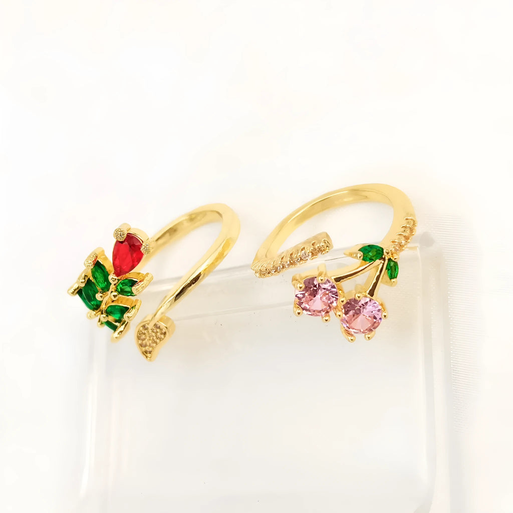 Gold-plated copper geometric open ring with zircon leaf design for women