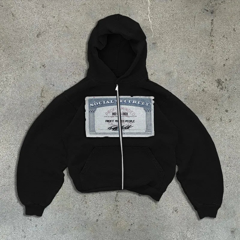 A black loose-fitting zip-up hoodie jacket for men and women with front zipper pockets.