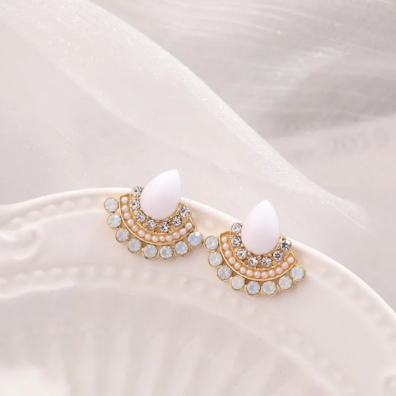 Women's retro fan-shaped geometric earrings with rhinestone detailing and sterling silver electroplated finish