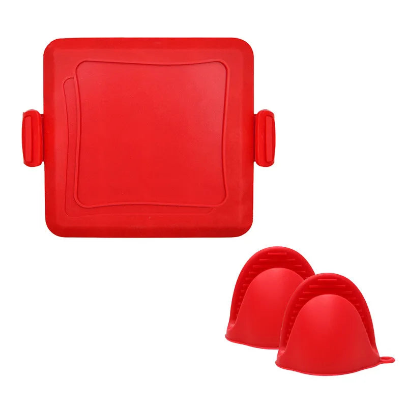 Red silicone baking tray with a large integrated handle and a pair of detachable blue baking gloves.