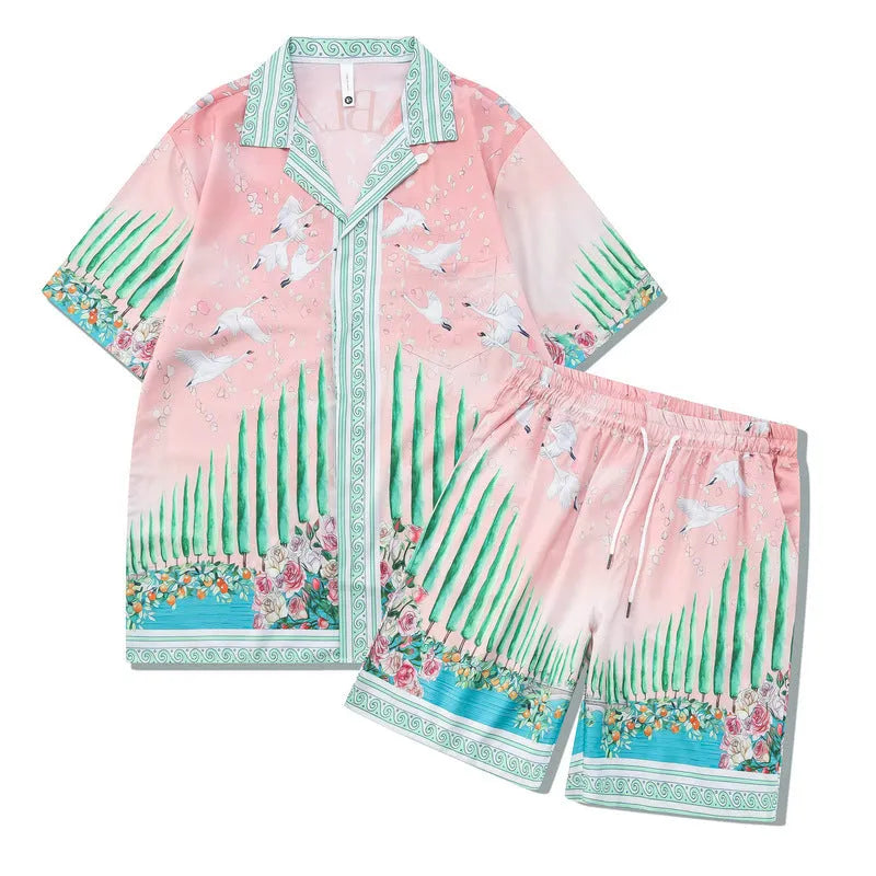 Plaid patterned beach shirt and trouser outfit set for men and women on a mannequin