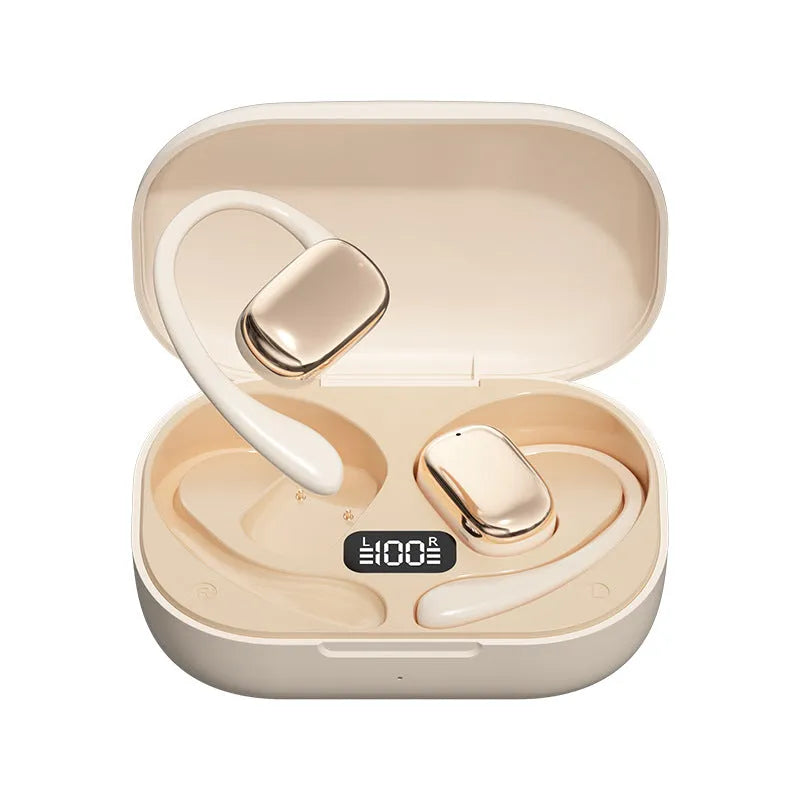 Ear-mounted headphones with digital display screen in black, skin colour, or white colours