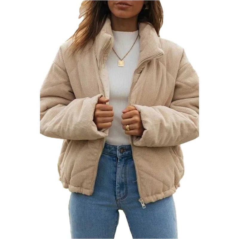 Women's apricot corduroy jacket with wadded quilting, stand collar, and zip-front closure