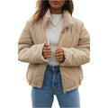 Women's apricot corduroy jacket with wadded quilting, stand collar, and zip-front closure