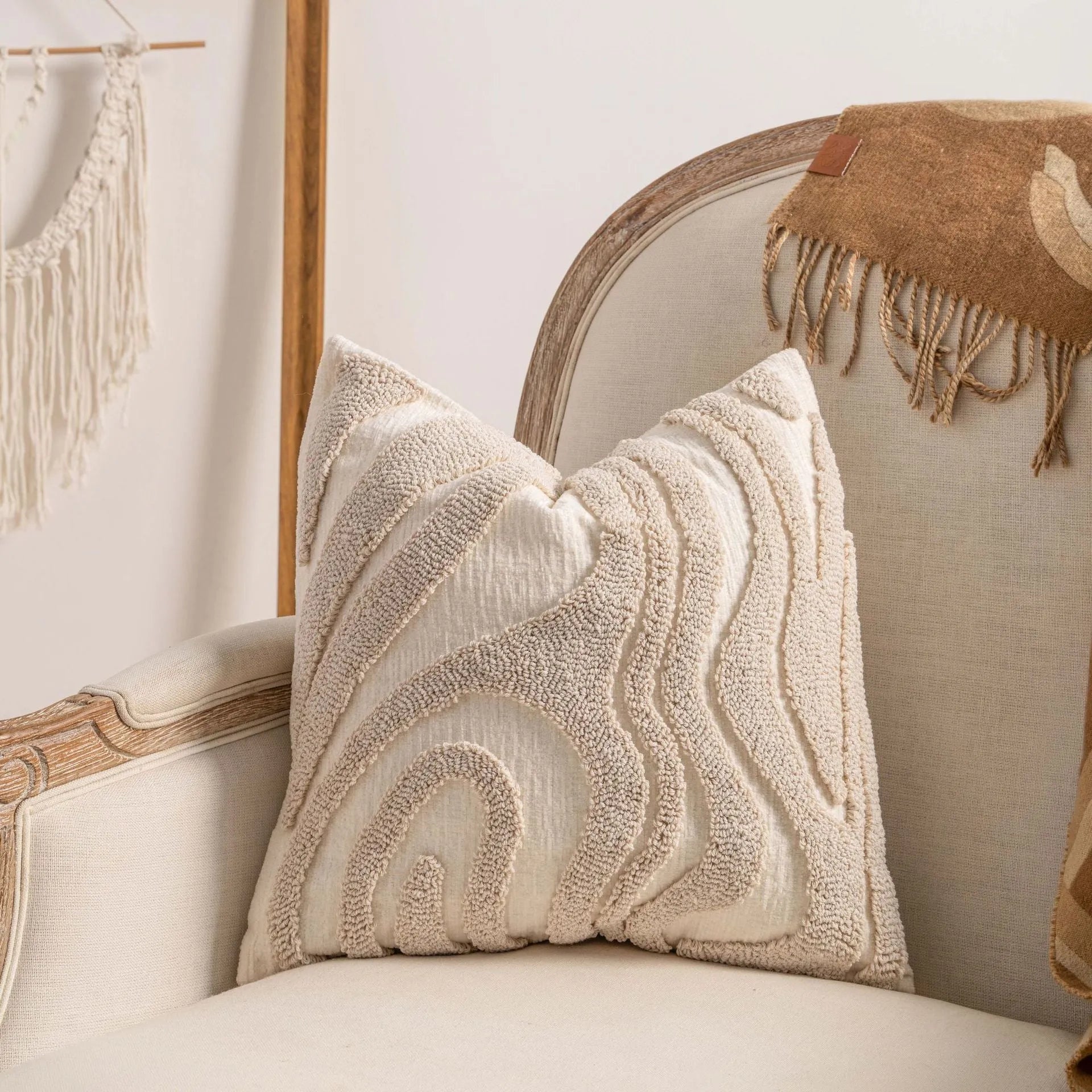 Decorative knitted sofa cushion cover with tassel trim in a choice of six patterns and two sizes.