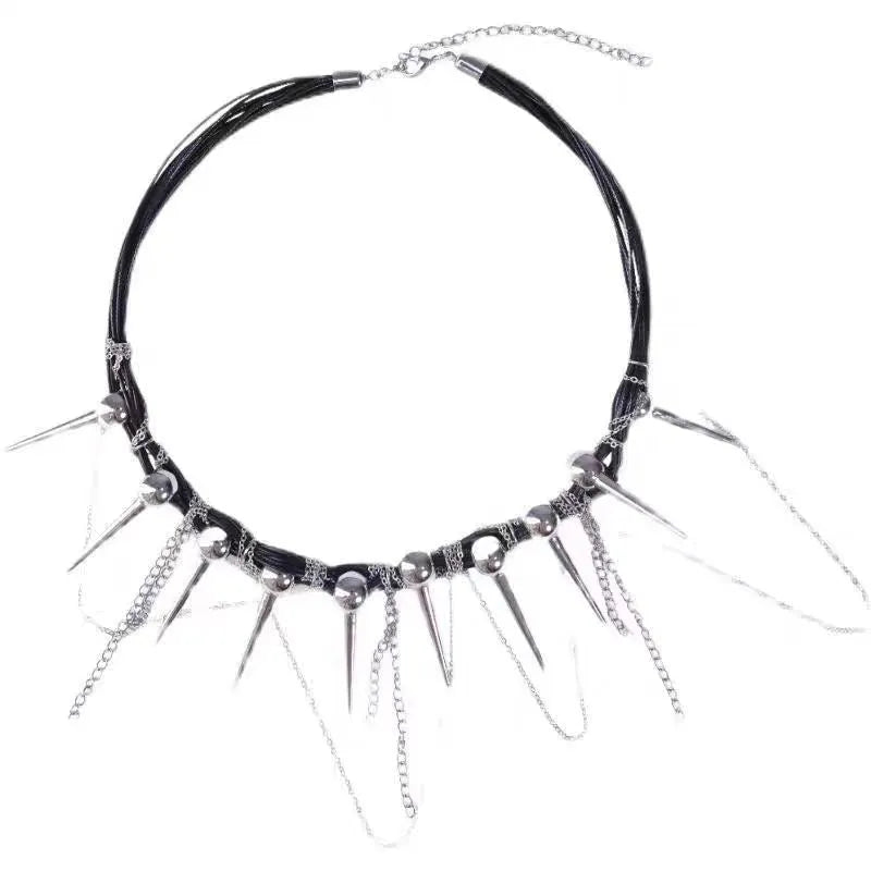 Women's casual leather necklace with round beads, a winding tassel, and decorative rivet details in an electroplated finish.