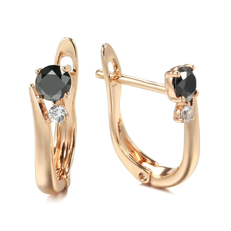 Gold-plated copper black agate earrings with drop-shaped retro geometric design