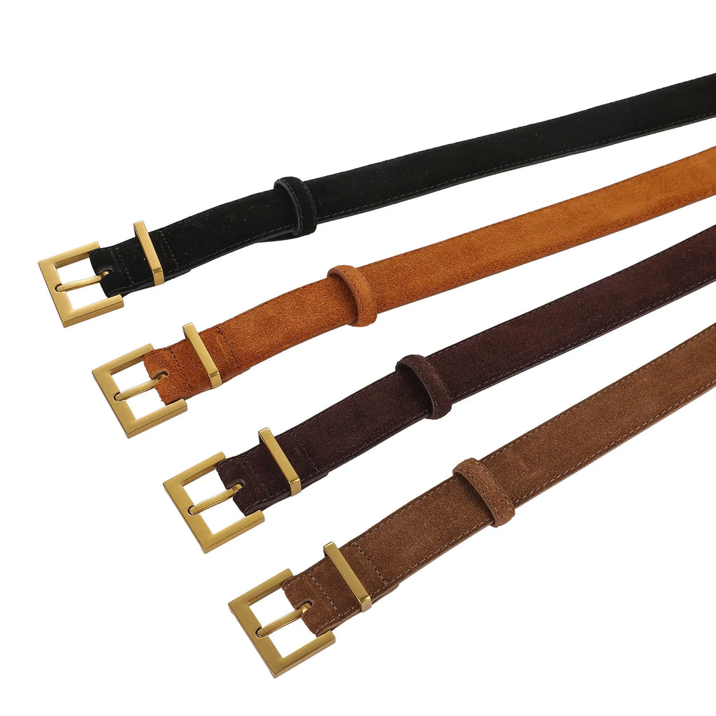 Ladies' black leather belt with silver alloy quadrilateral pin buckle on trousers