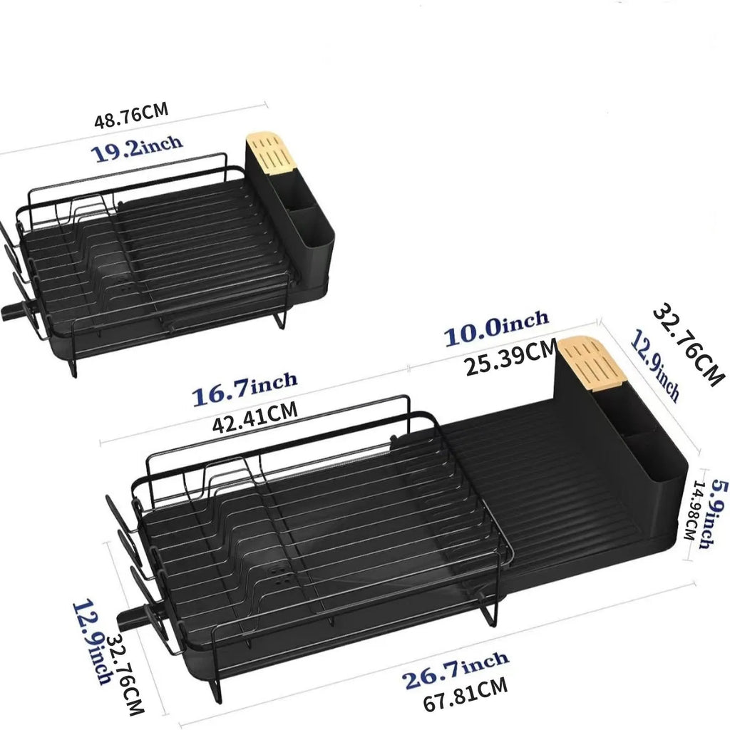 Retractable foldable kitchen dish rack with a detachable cutlery cup, made from carbon steel.