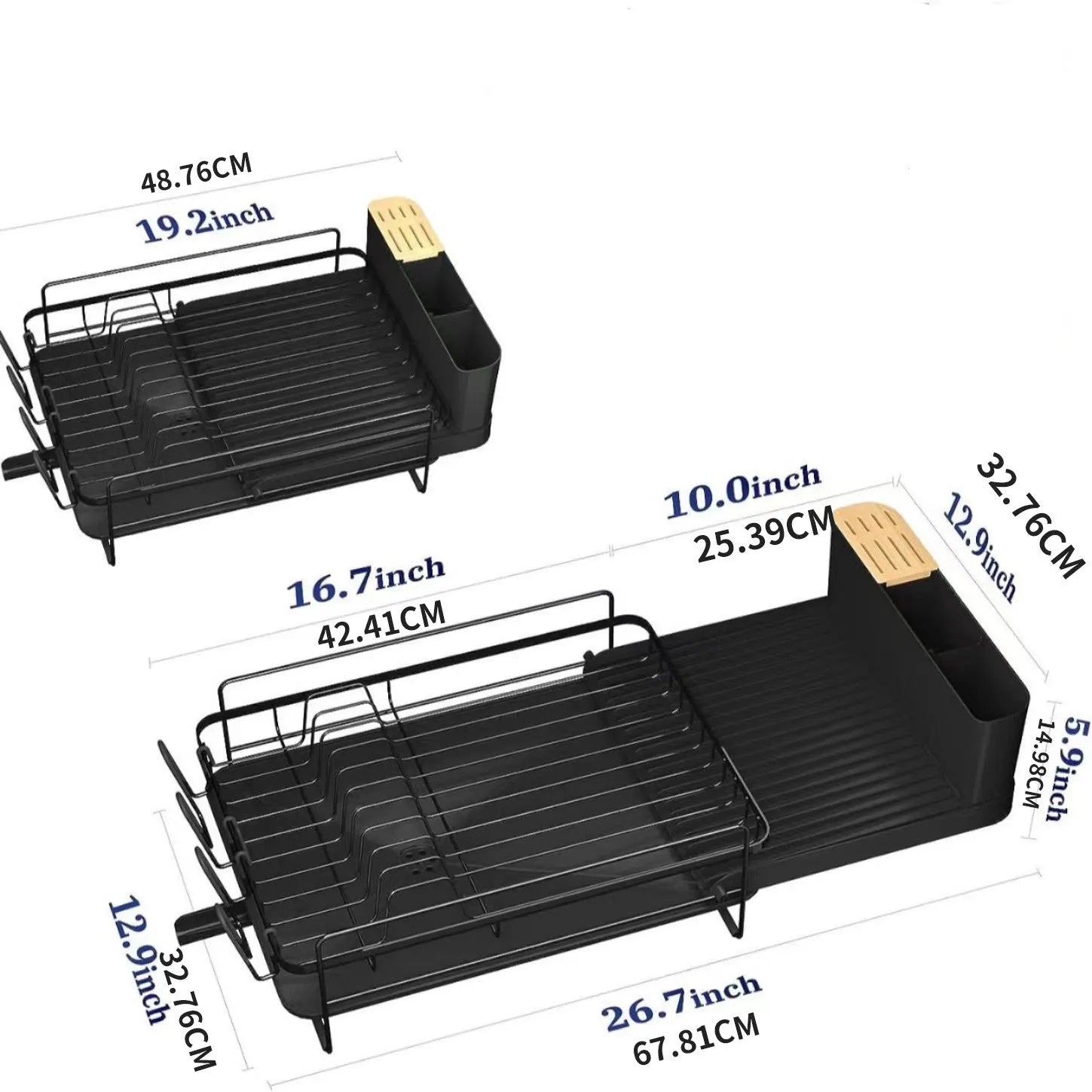 Retractable foldable kitchen dish rack with a detachable cutlery cup, made from carbon steel.