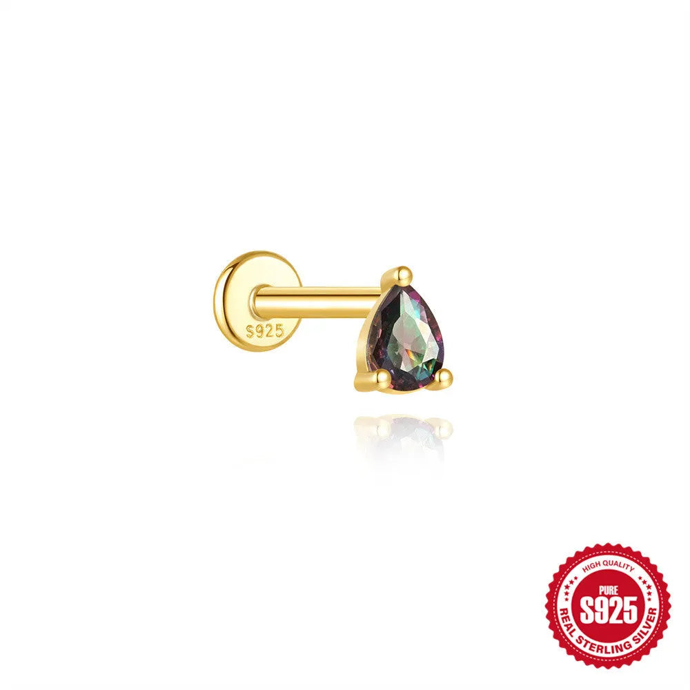 S925 sterling silver piercing earrings with super shiny rainbow stone and flat head thread in gold colour
