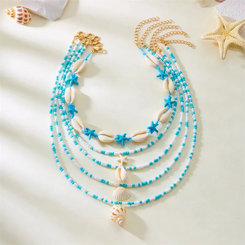 Women's multi-layer starfish shell bead necklace set with adjustable chain