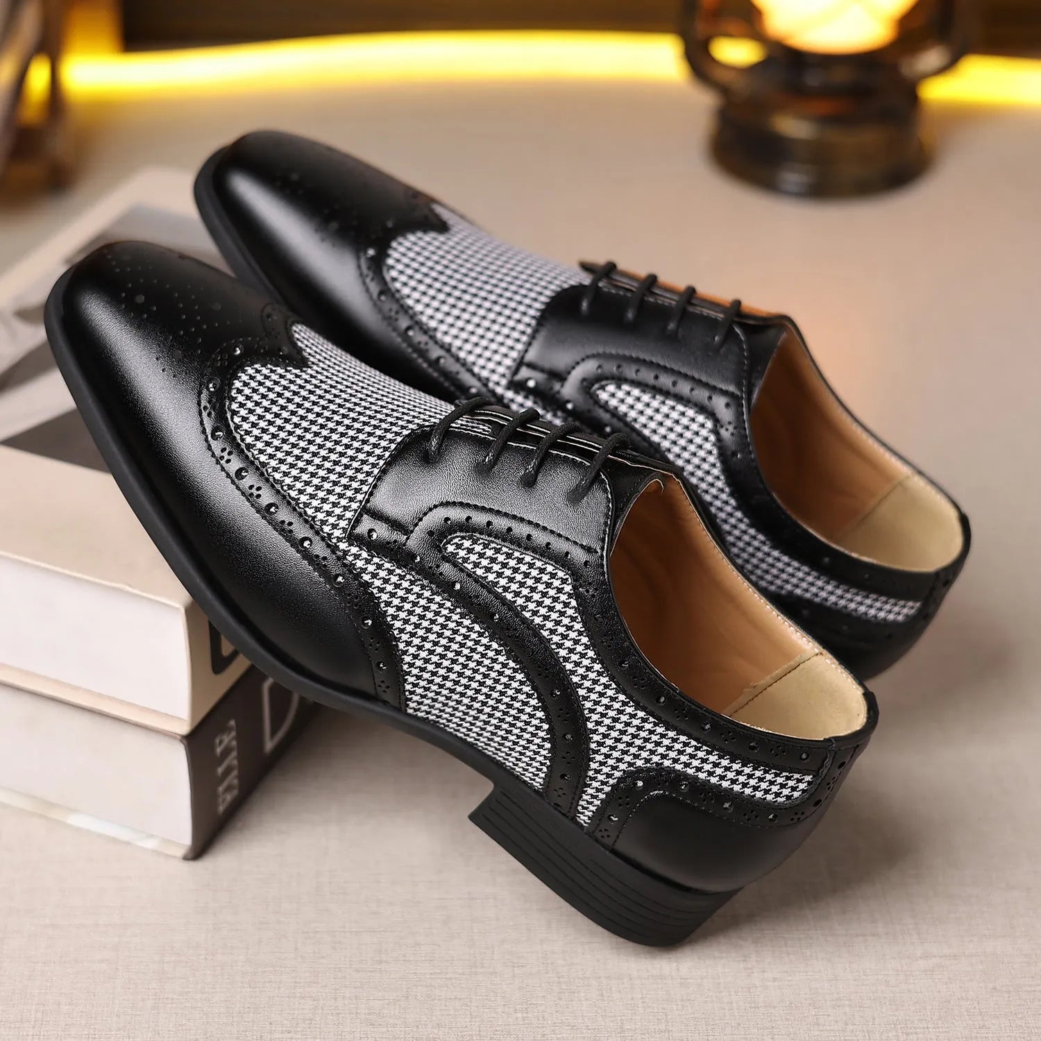 Men's black houndstooth plaid casual shoes with square toe and lace-up front on a rubber sole.