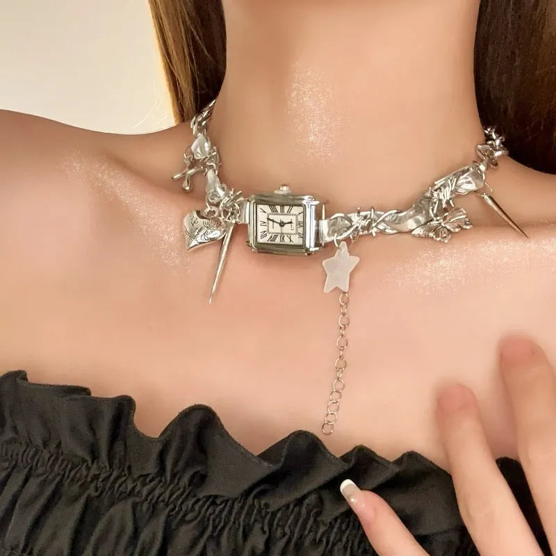 Dark style multi-layer cross necklace with twin clavicle chains and hemp flowers texture