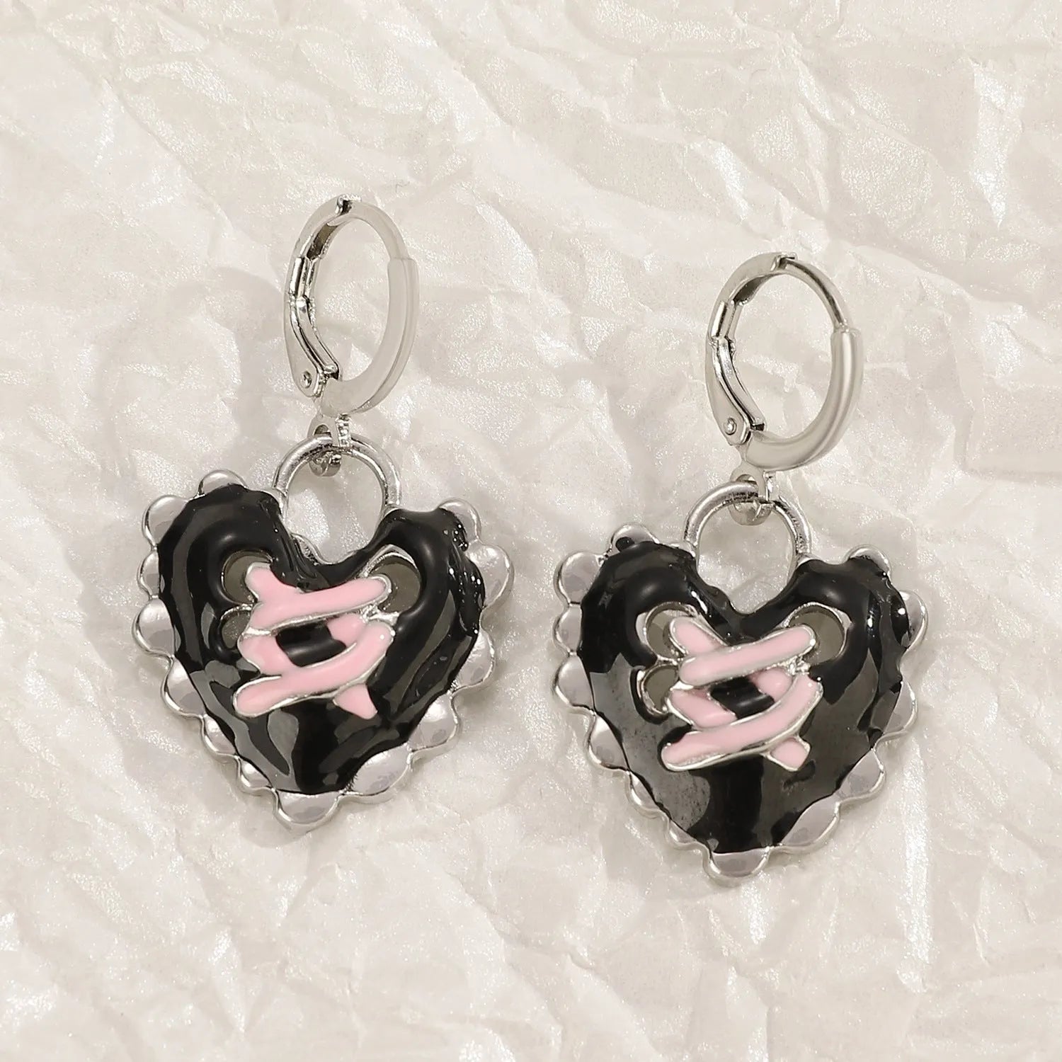 Women's alloy cross crystal earrings in five designs: white cross, peach heart, black cat, antique silver star.