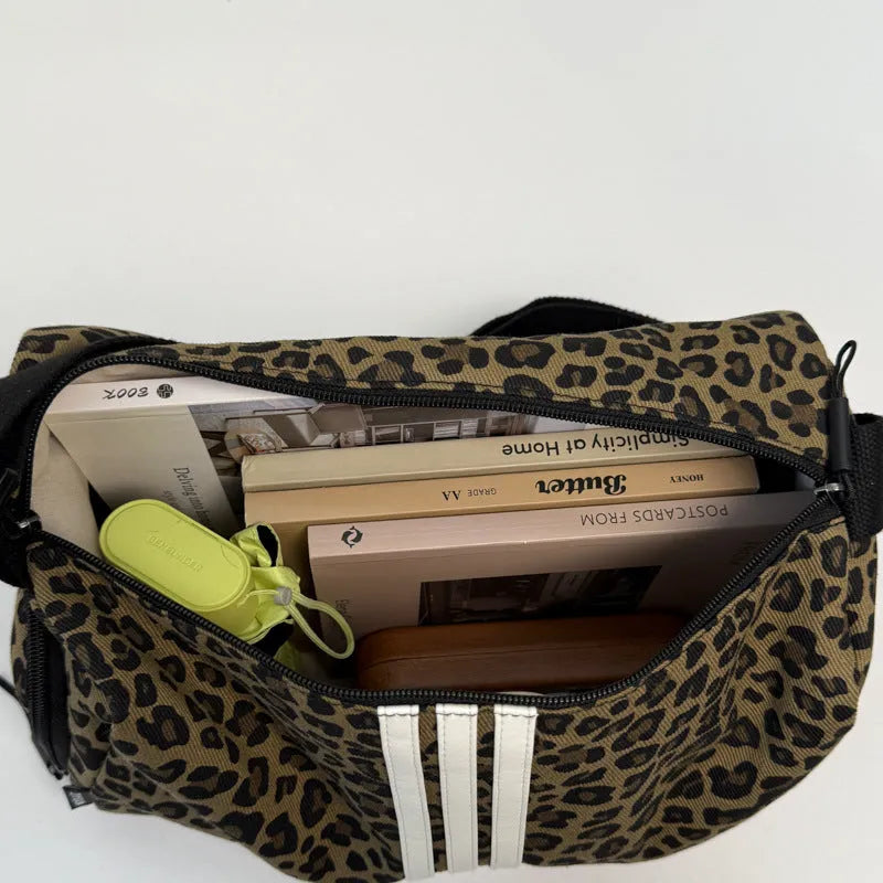 Large capacity leopard print cross-body messenger bag with shoulder strap