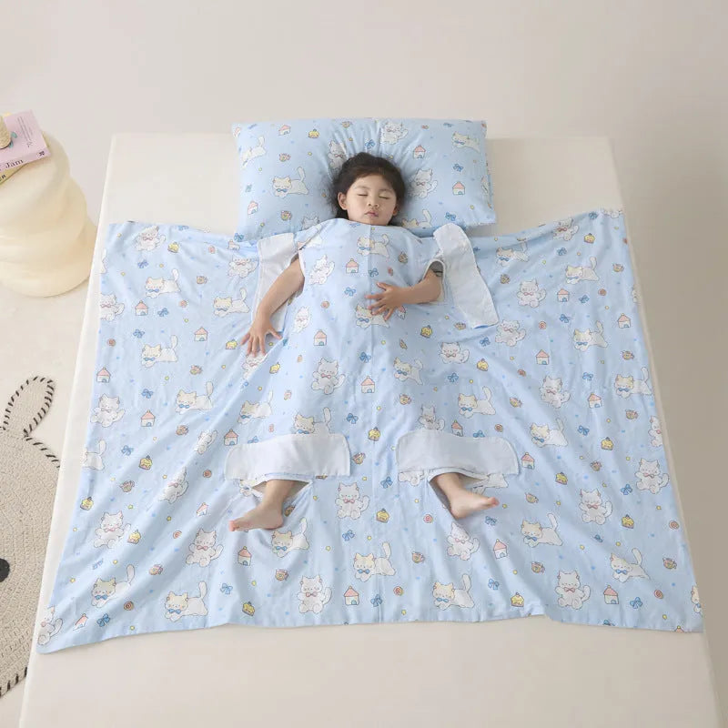 Anti-kick sleeping bag blanket in a summer design on a bed, showing its lightweight texture.