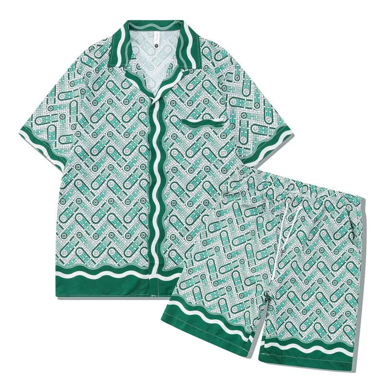 Plaid patterned beach shirt and trouser outfit set for men and women on a mannequin