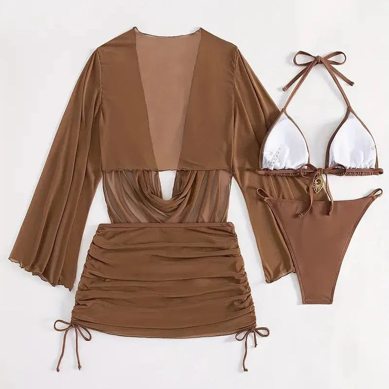 Women's dark brown backless bikini set with lace-up tie, laid flat.