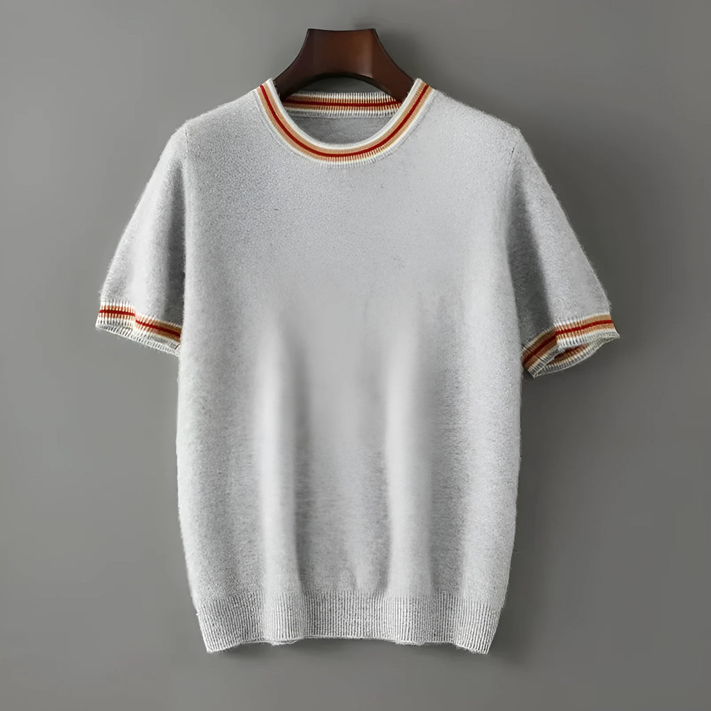 Men's pure wool short sleeve sweater in grey showing round neck and pullover design