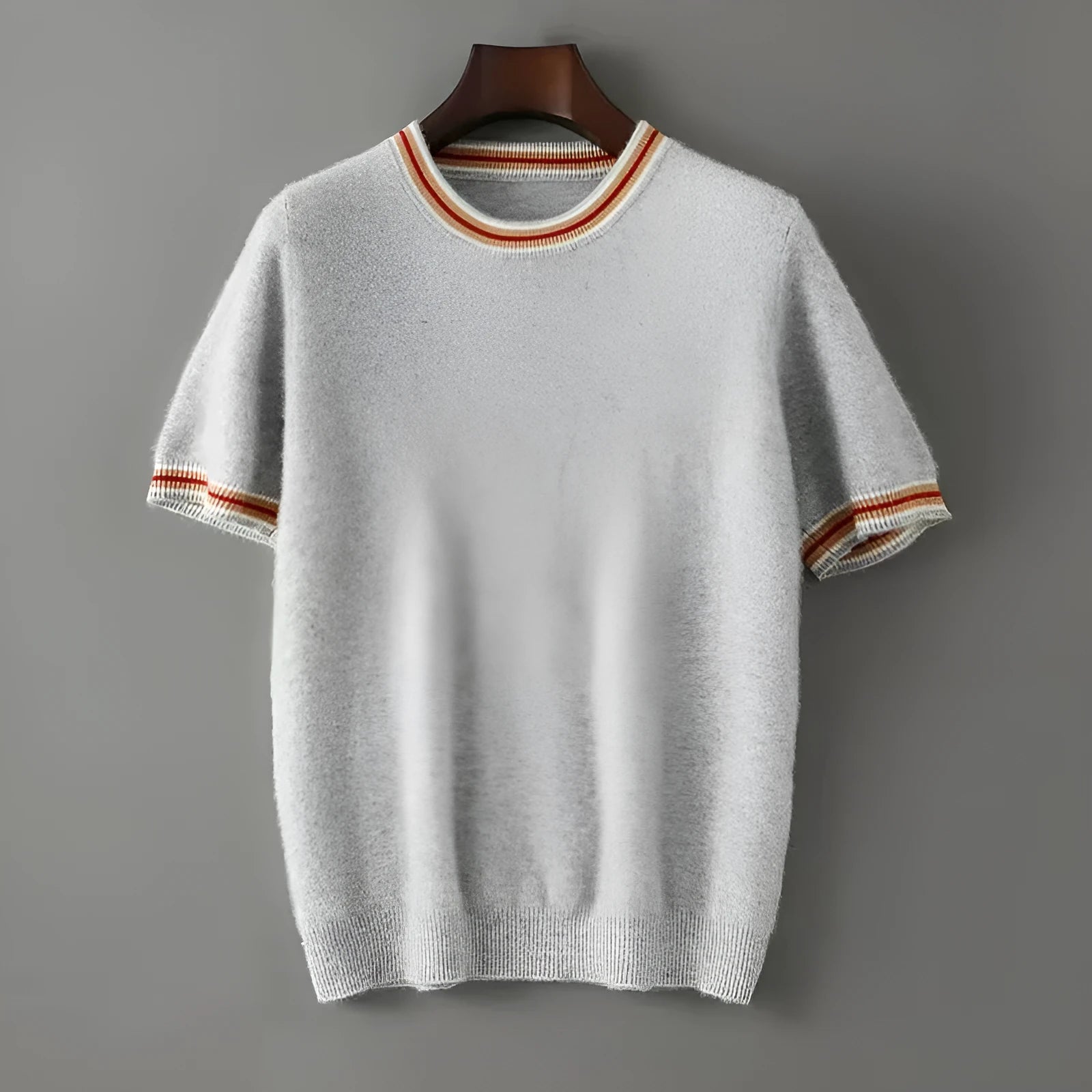 Men's pure wool short sleeve sweater in grey showing round neck and pullover design