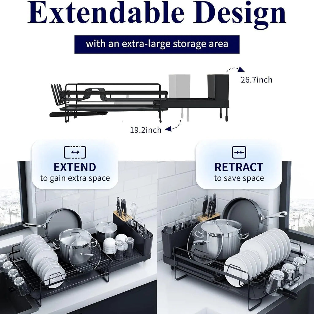 Retractable foldable kitchen dish rack with a detachable cutlery cup, made from carbon steel.