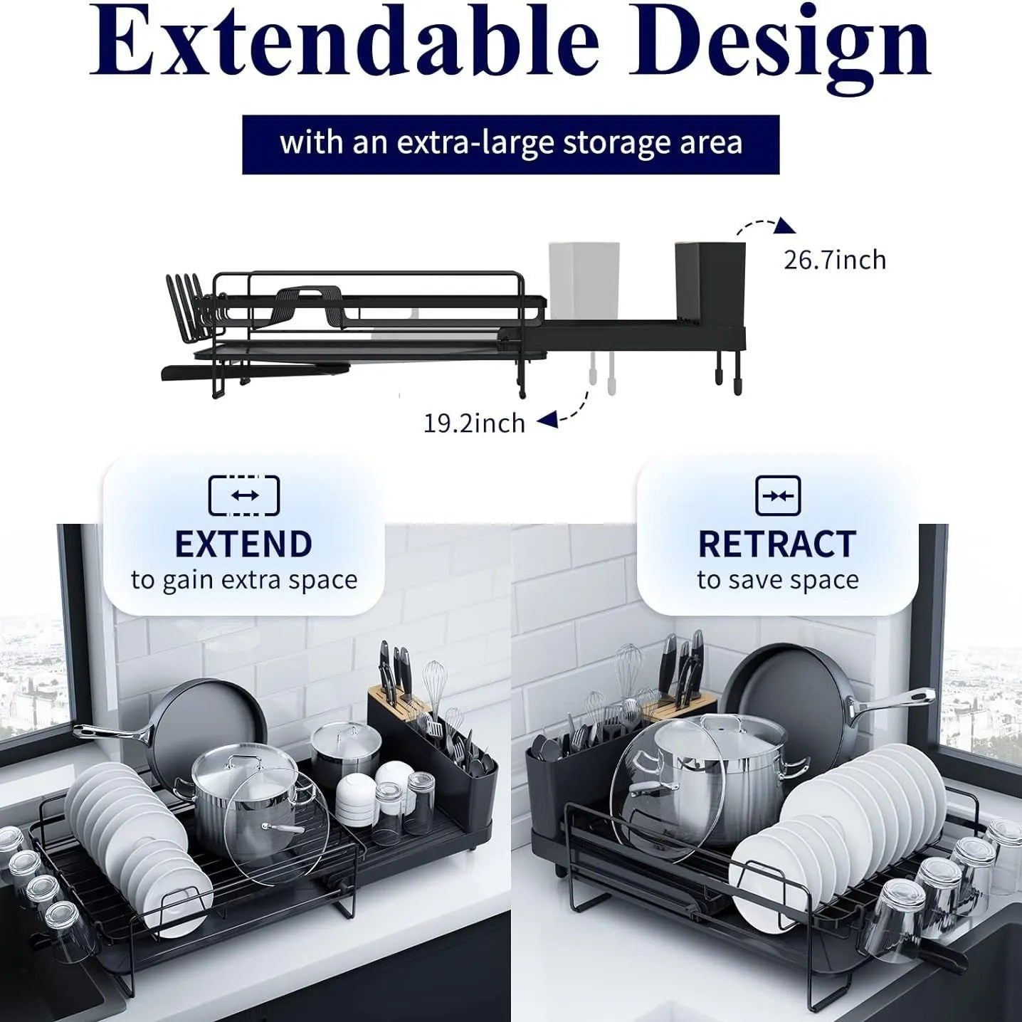 Retractable foldable kitchen dish rack with a detachable cutlery cup, made from carbon steel.