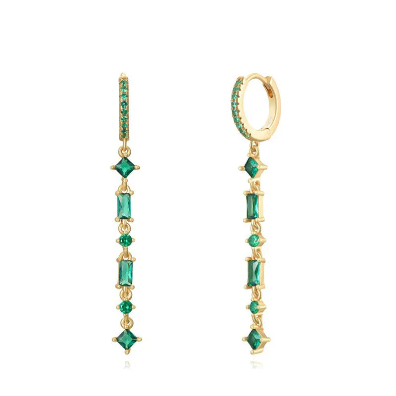 Geometric gold U-shaped earrings with a tassel and colourful zircon gemstones for women.