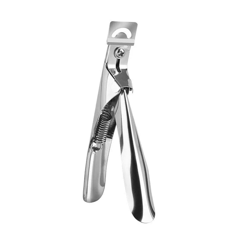 Close-up of stainless steel nail scissors with French U-shaped titanium blades, shown in electrophoresis black finish.