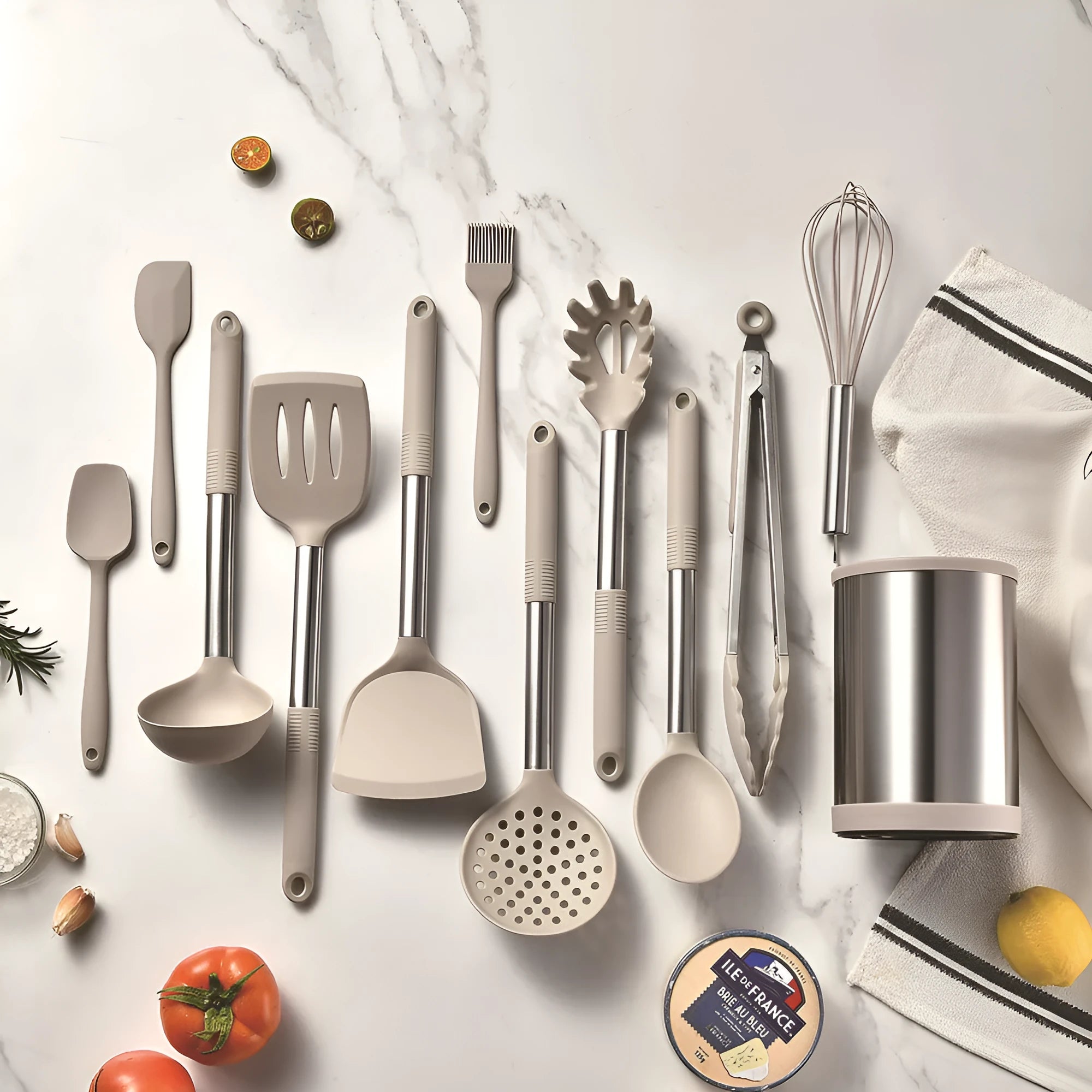 Black silicone 12-piece kitchen utensil set with rotating storage bucket including ladle, spatula, and food clip.