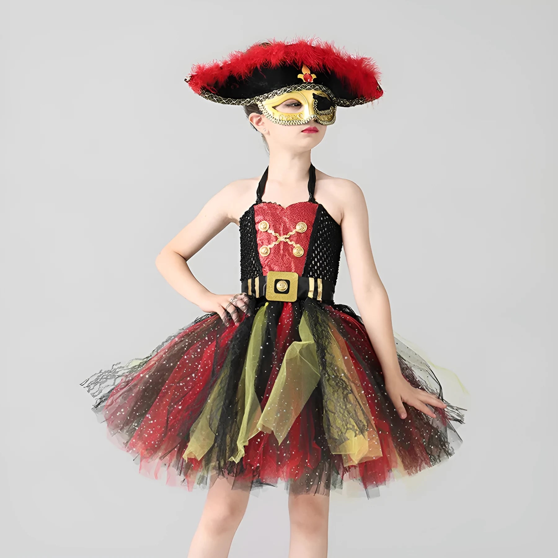 Pirates of the Caribbean inspired sleeveless dress costume for girls with sequin and mesh detailing.