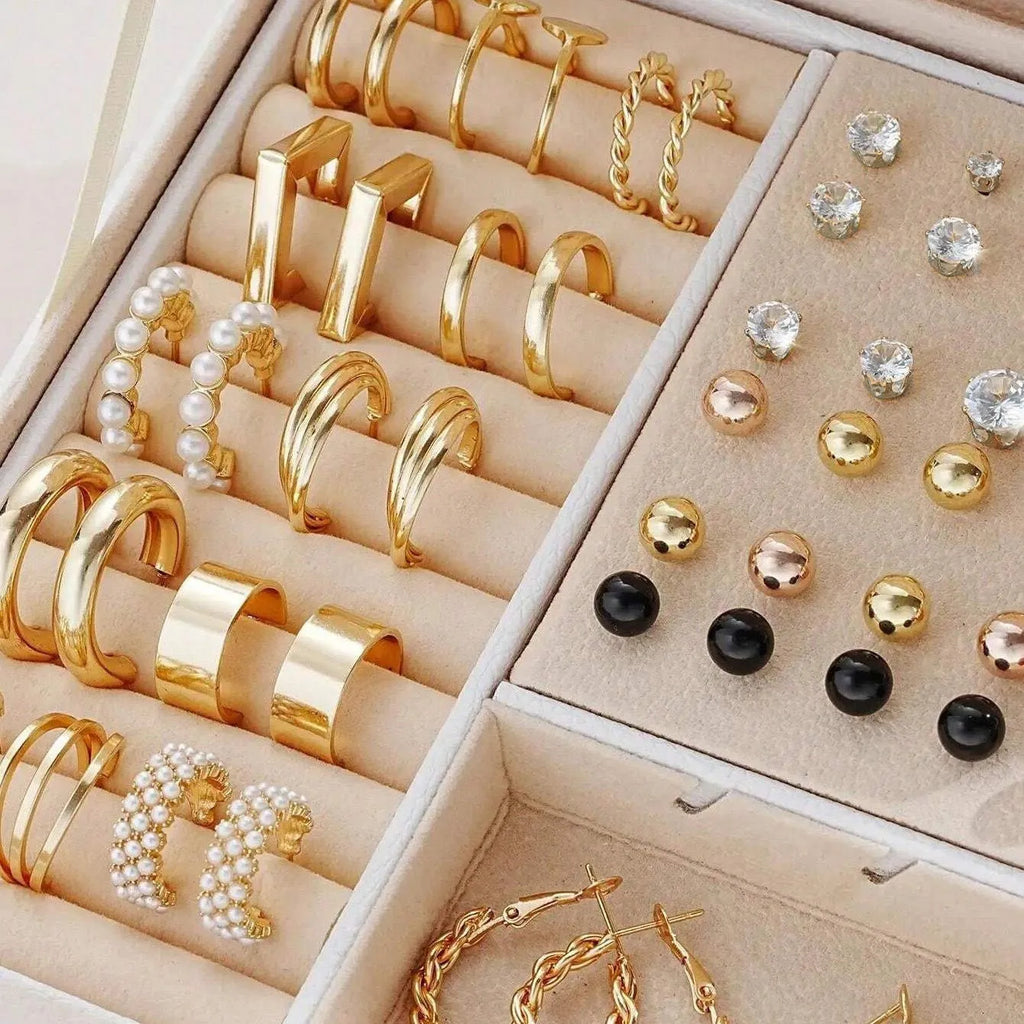 108-piece geometric pearl earrings set in gold and yellow electroplated alloy metal