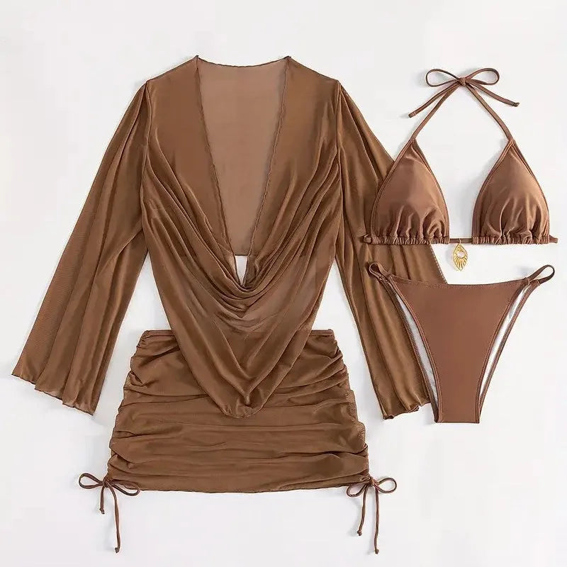 Women's dark brown backless bikini set with lace-up tie, laid flat.