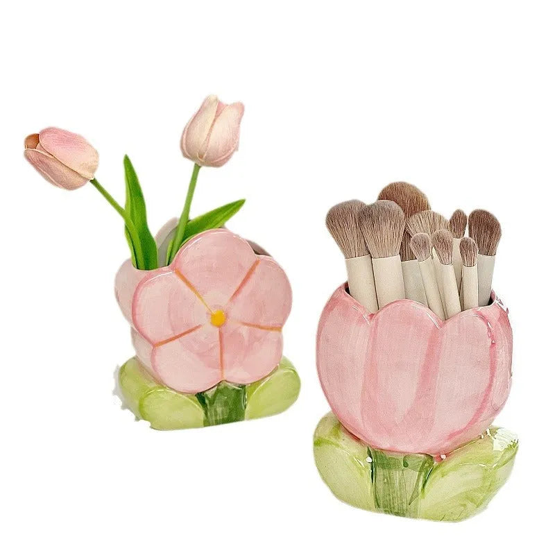 Ceramic flower pen holder storage box in floral patterns for desktop organisation